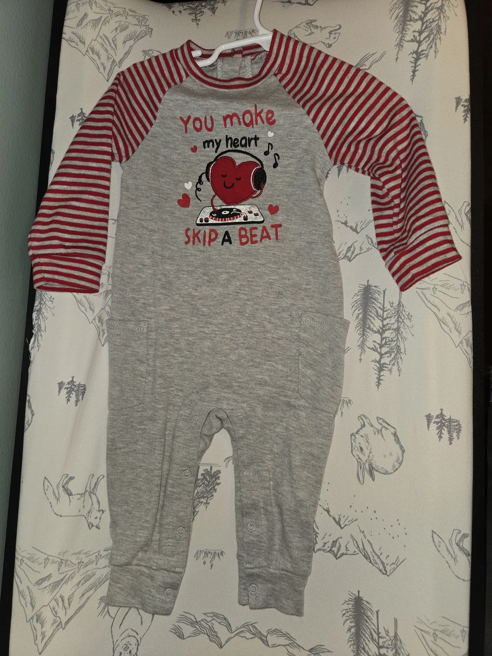 Grey and Red Heart Graphic Footed One-Piece